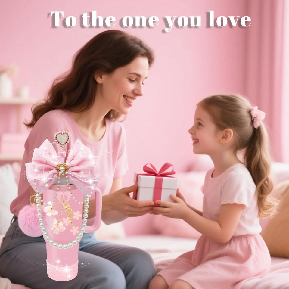 Bling For Stanley Cup Accessories Tumbler Include Glitter Bow Straw Topper Cover, Water Bottle Handle Strap, Boot, Keychain Gift