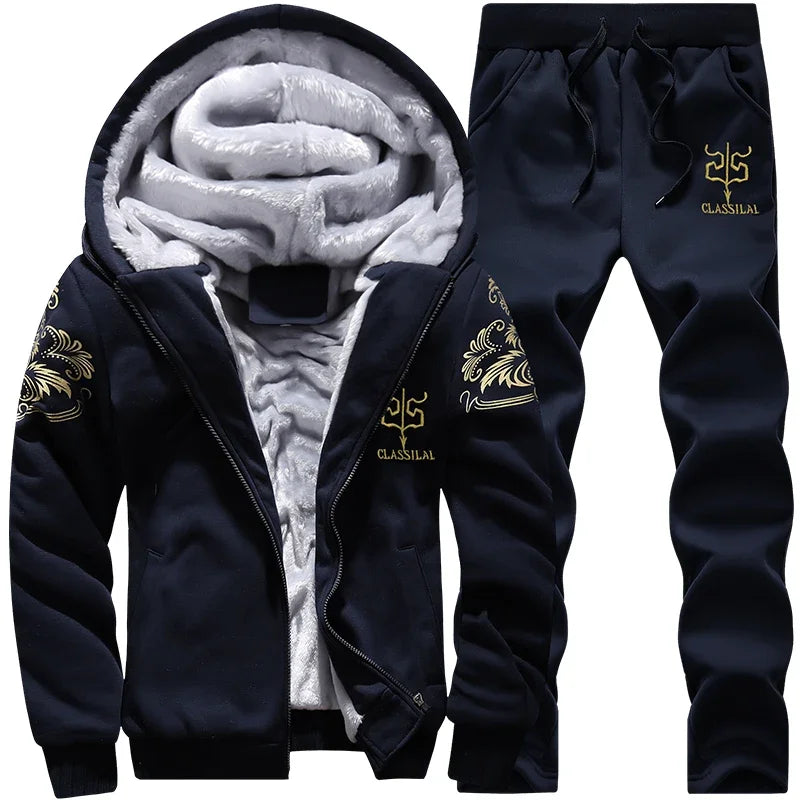 Autumn Men Jacket Set Fashion Embroidered Warm Male Hooded Coat Trends Versatile Top Clothing Locomotive Streetwear Casual Pants