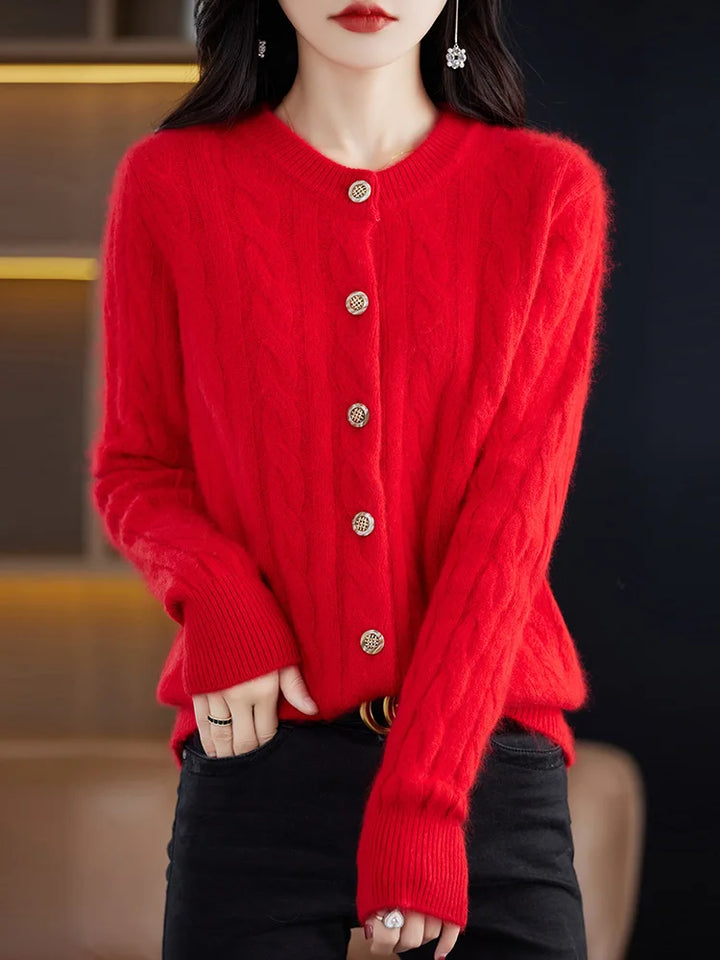 BELIARST Autumn Winter 100% Mink Cashmere Women's Clothes Round Neck Cardigan Knitted Solid Color Sweater Twisted Flower BR-050
