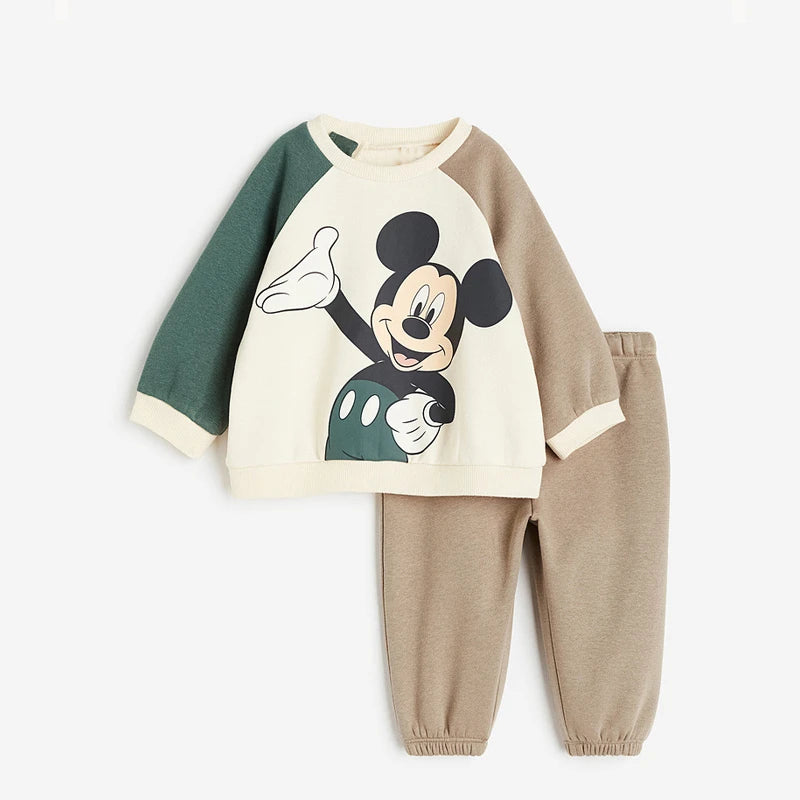 Minnie And Mickey Full Print Hooded Tops Solid Color Leggings Two-piece New Children Cartoon Sweatshirt+Pants Baby Clothes Set
