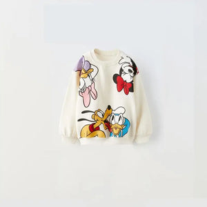 Minnie And Mickey Full Print Hooded Tops Solid Color Leggings Two-piece New Children Cartoon Sweatshirt+Pants Baby Clothes Set
