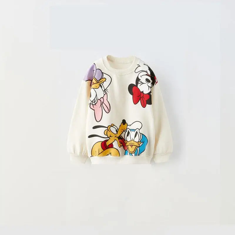 Minnie And Mickey Full Print Hooded Tops Solid Color Leggings Two-piece New Children Cartoon Sweatshirt+Pants Baby Clothes Set