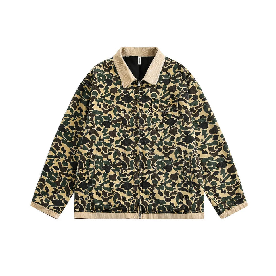 Camouflage Cargo Jacket Mens Autumn Pocket Retro Streetwear Spliced Lapel Long Sleeve Zipper Fly Outerwear Men