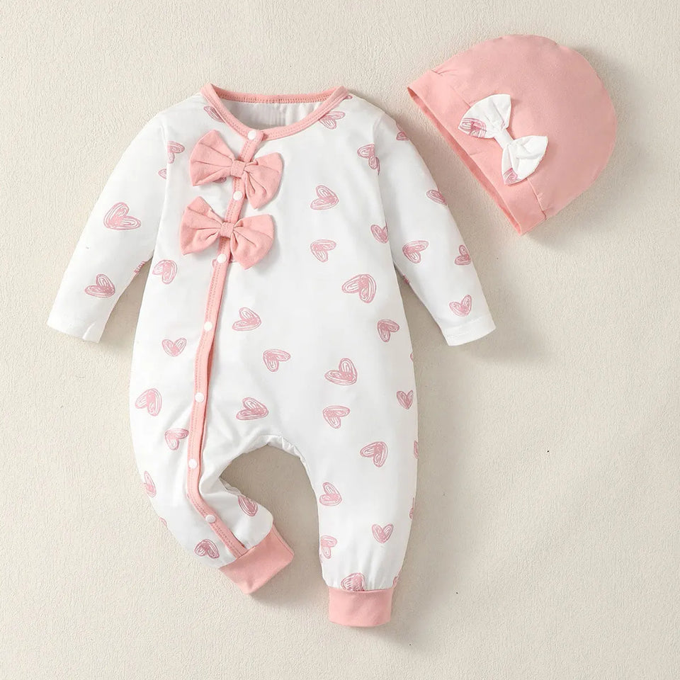 0-2 Year Old Newborn Baby Gilr Spring and Autumn Round Neck Bow Long Sleeve Love Printed Pants jumpsuit