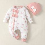 0-2 Year Old Newborn Baby Gilr Spring and Autumn Round Neck Bow Long Sleeve Love Printed Pants jumpsuit