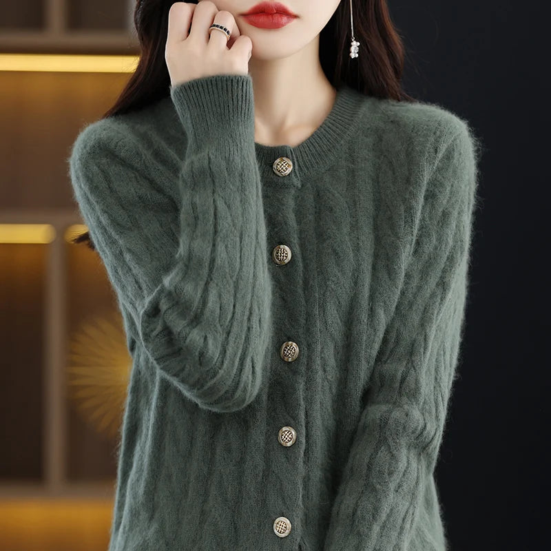 BELIARST Autumn Winter 100% Mink Cashmere Women's Clothes Round Neck Cardigan Knitted Solid Color Sweater Twisted Flower BR-050