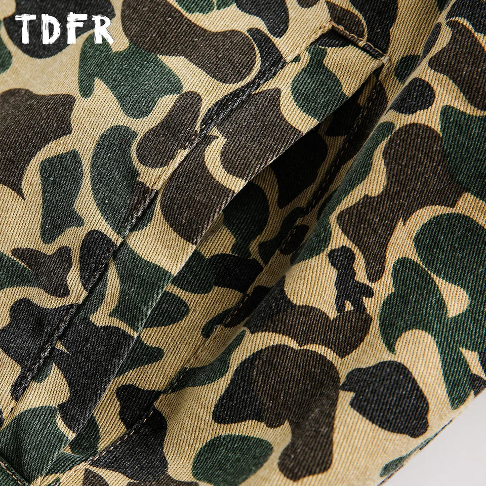 Camouflage Cargo Jacket Mens Autumn Pocket Retro Streetwear Spliced Lapel Long Sleeve Zipper Fly Outerwear Men