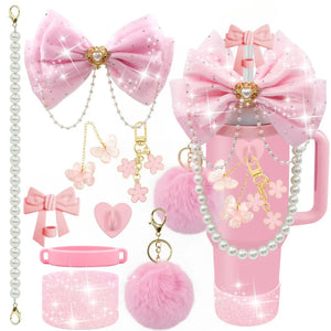 Bling For Stanley Cup Accessories Tumbler Include Glitter Bow Straw Topper Cover, Water Bottle Handle Strap, Boot, Keychain Gift