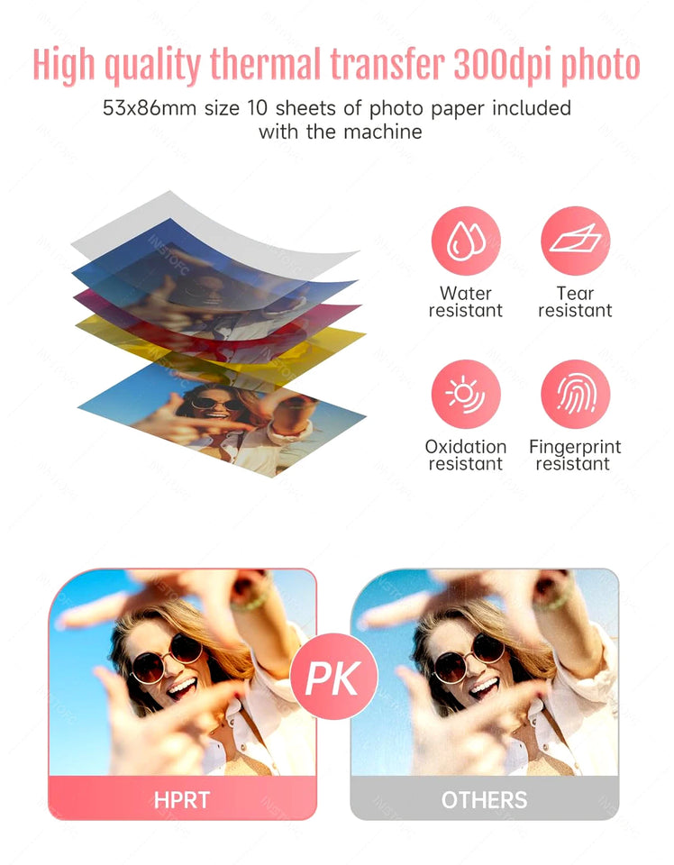 HPRT Pocket Color Photo Printer, or 2x3 inch Sticky-Backed Paper, Mini Portable HD Color Photo Printer, Bluetooth IOS Android