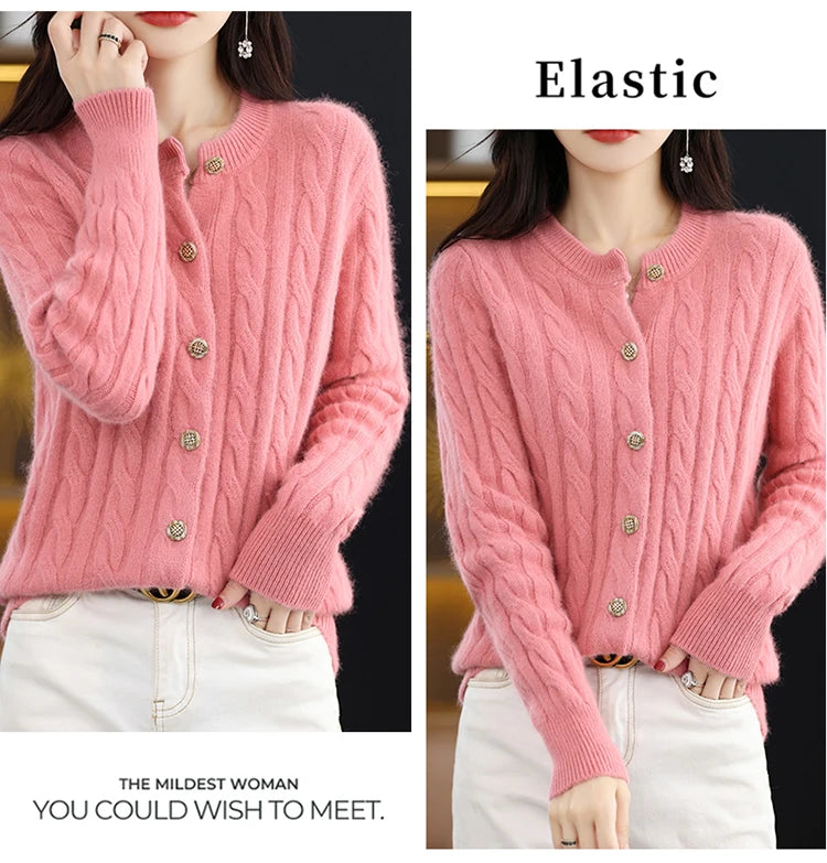 BELIARST Autumn Winter 100% Mink Cashmere Women's Clothes Round Neck Cardigan Knitted Solid Color Sweater Twisted Flower BR-050