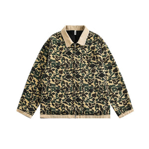 Camouflage Cargo Jacket Mens Autumn Pocket Retro Streetwear Spliced Lapel Long Sleeve Zipper Fly Outerwear Men