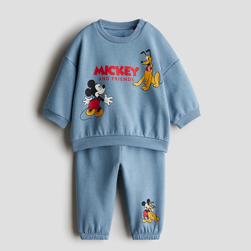 Minnie And Mickey Full Print Hooded Tops Solid Color Leggings Two-piece New Children Cartoon Sweatshirt+Pants Baby Clothes Set