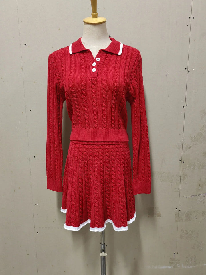 Autumn Women Sweater Sets 2 Piece Skirt Suit Women's Patchwork Contrast Long Sleeve Lapel Pullovers A-line Mini Skirt Outfits