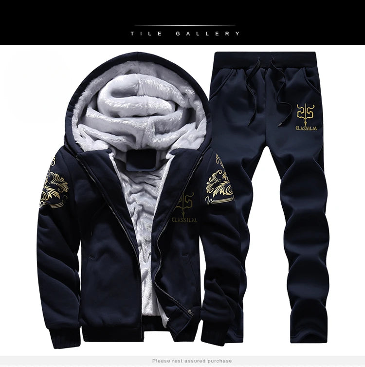 Autumn Men Jacket Set Fashion Embroidered Warm Male Hooded Coat Trends Versatile Top Clothing Locomotive Streetwear Casual Pants