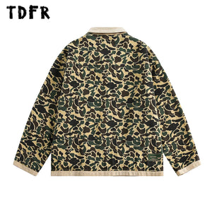Camouflage Cargo Jacket Mens Autumn Pocket Retro Streetwear Spliced Lapel Long Sleeve Zipper Fly Outerwear Men