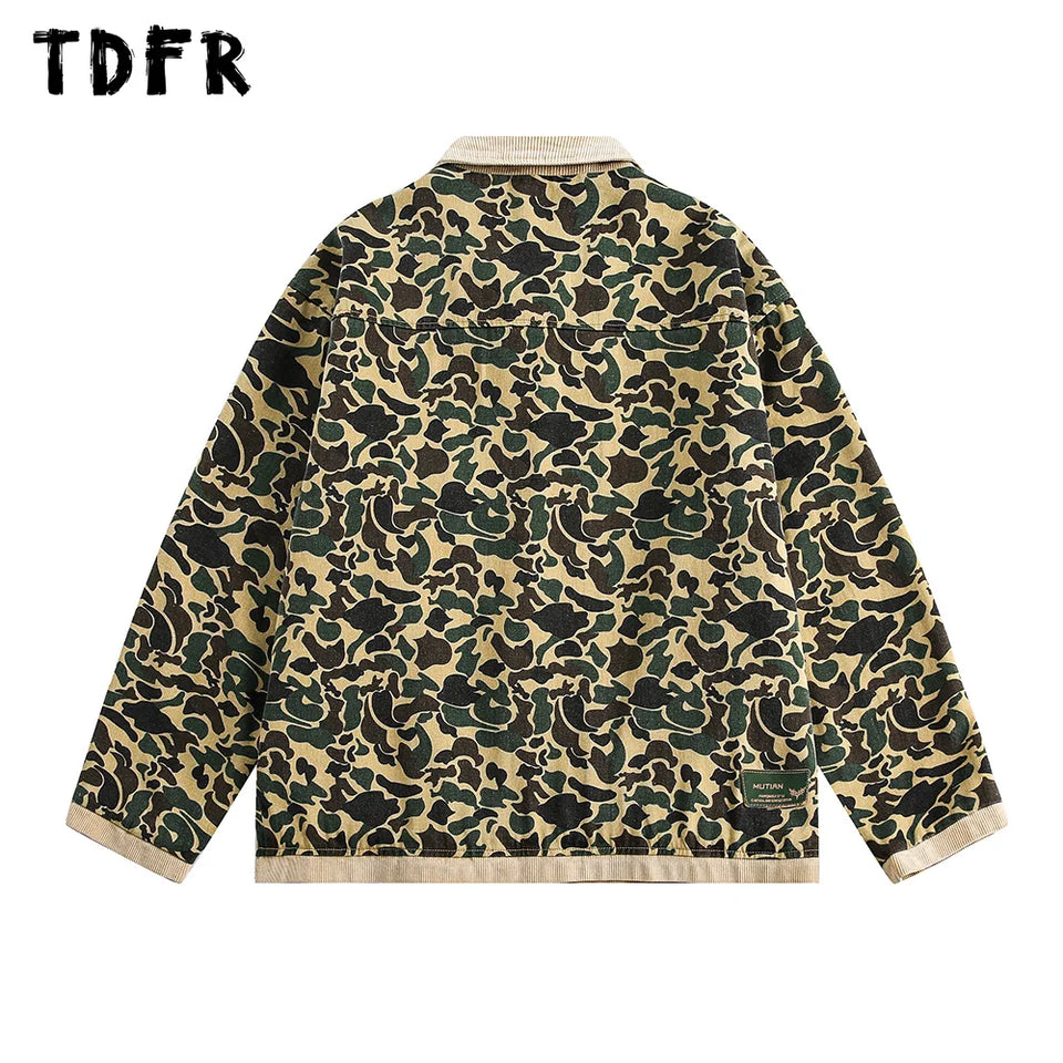 Camouflage Cargo Jacket Mens Autumn Pocket Retro Streetwear Spliced Lapel Long Sleeve Zipper Fly Outerwear Men
