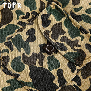 Camouflage Cargo Jacket Mens Autumn Pocket Retro Streetwear Spliced Lapel Long Sleeve Zipper Fly Outerwear Men