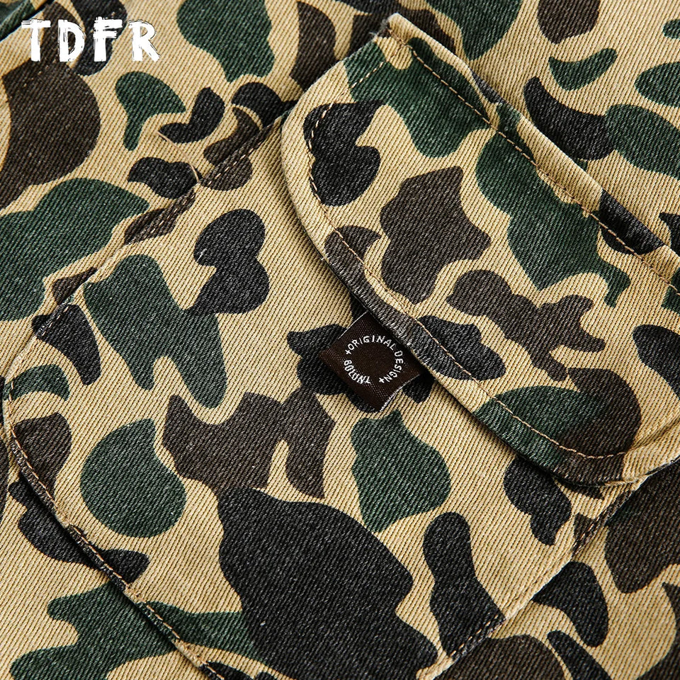 Camouflage Cargo Jacket Mens Autumn Pocket Retro Streetwear Spliced Lapel Long Sleeve Zipper Fly Outerwear Men