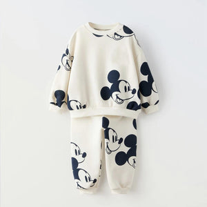Minnie And Mickey Full Print Hooded Tops Solid Color Leggings Two-piece New Children Cartoon Sweatshirt+Pants Baby Clothes Set
