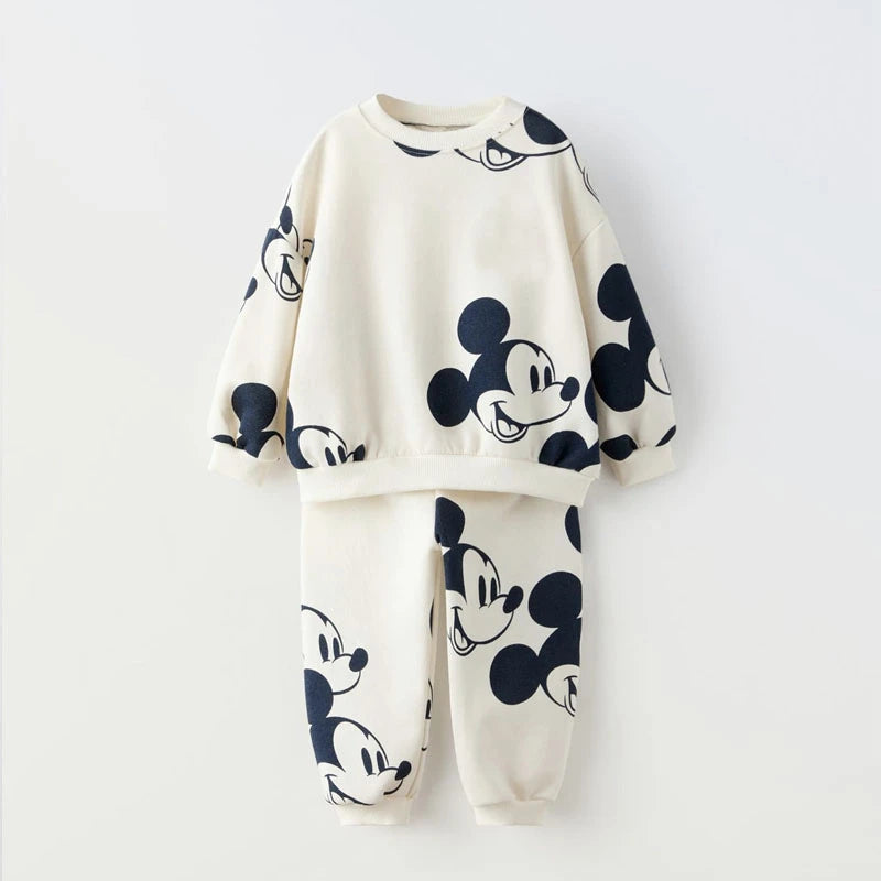 Minnie And Mickey Full Print Hooded Tops Solid Color Leggings Two-piece New Children Cartoon Sweatshirt+Pants Baby Clothes Set