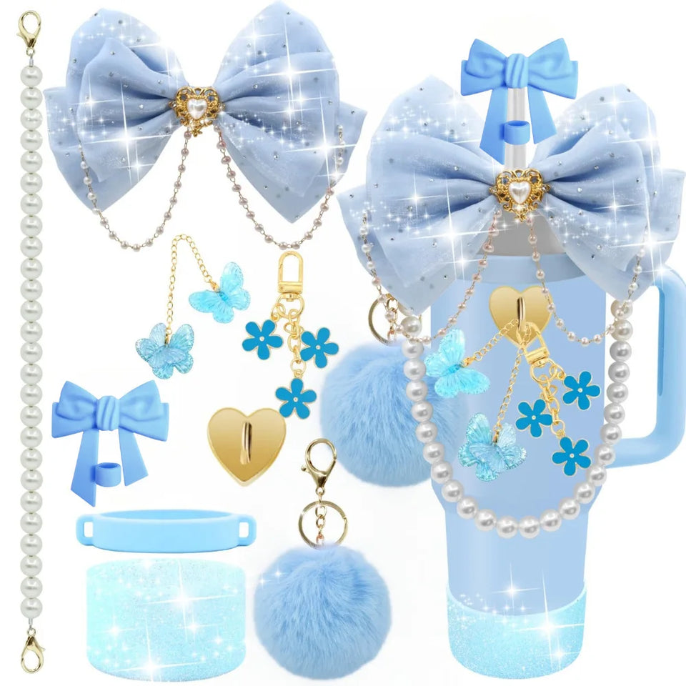 Bling For Stanley Cup Accessories Tumbler Include Glitter Bow Straw Topper Cover, Water Bottle Handle Strap, Boot, Keychain Gift