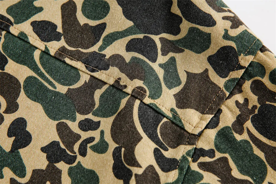 Camouflage Cargo Jacket Mens Autumn Pocket Retro Streetwear Spliced Lapel Long Sleeve Zipper Fly Outerwear Men