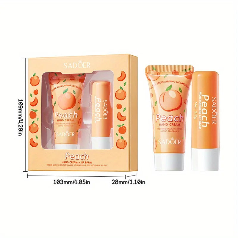 Peach Skincare Set- Nourishing and Moisturizing Hand Cream and Lip Balm Set - Soft Skin All Day Long. Holiday Gifts