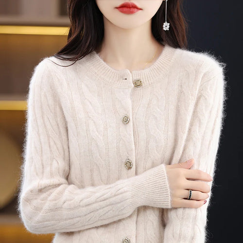 BELIARST Autumn Winter 100% Mink Cashmere Women's Clothes Round Neck Cardigan Knitted Solid Color Sweater Twisted Flower BR-050