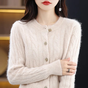 BELIARST Autumn Winter 100% Mink Cashmere Women's Clothes Round Neck Cardigan Knitted Solid Color Sweater Twisted Flower BR-050
