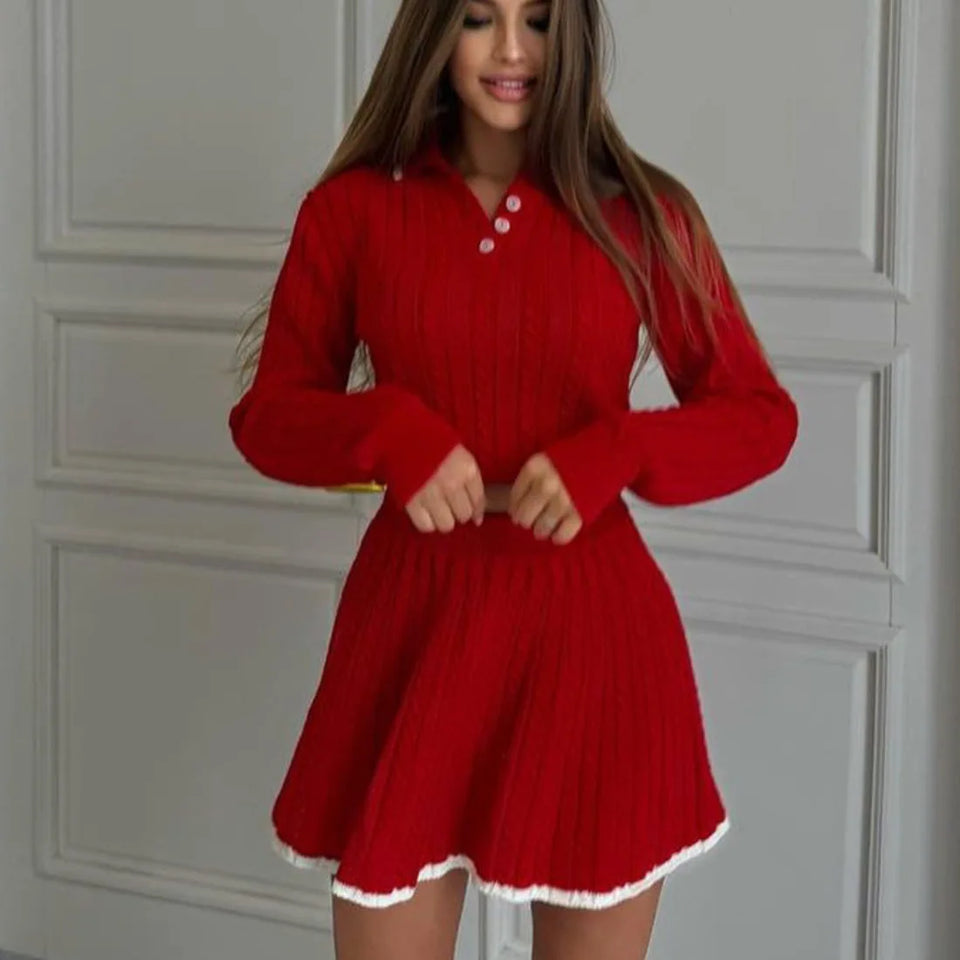 Autumn Women Sweater Sets 2 Piece Skirt Suit Women's Patchwork Contrast Long Sleeve Lapel Pullovers A-line Mini Skirt Outfits