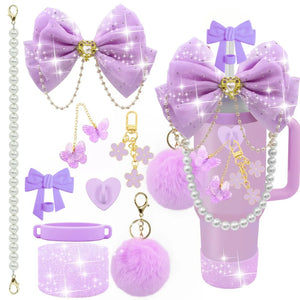 Bling For Stanley Cup Accessories Tumbler Include Glitter Bow Straw Topper Cover, Water Bottle Handle Strap, Boot, Keychain Gift