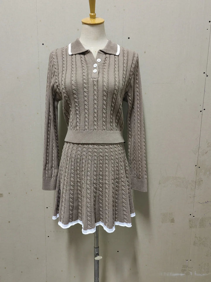 Autumn Women Sweater Sets 2 Piece Skirt Suit Women's Patchwork Contrast Long Sleeve Lapel Pullovers A-line Mini Skirt Outfits