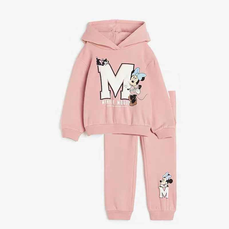 Minnie And Mickey Full Print Hooded Tops Solid Color Leggings Two-piece New Children Cartoon Sweatshirt+Pants Baby Clothes Set
