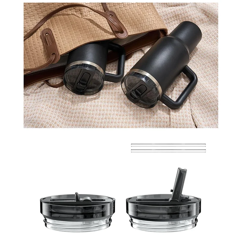 B84B-Replacement Cups Lids 2PCS For Stanley For 40Oz With 2 Straws, Leakproof Cup Lids