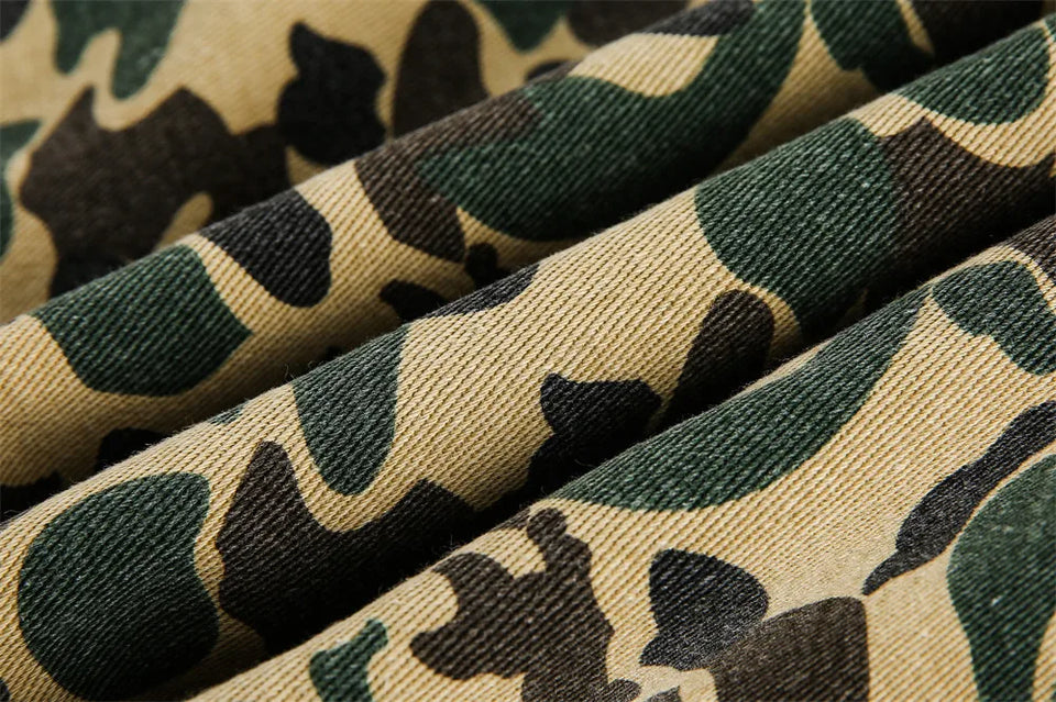 Camouflage Cargo Jacket Mens Autumn Pocket Retro Streetwear Spliced Lapel Long Sleeve Zipper Fly Outerwear Men