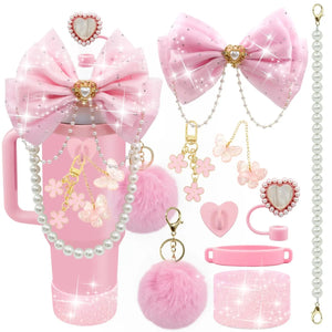 Bling For Stanley Cup Accessories Tumbler Include Glitter Bow Straw Topper Cover, Water Bottle Handle Strap, Boot, Keychain Gift