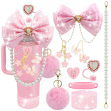Bling For Stanley Cup Accessories Tumbler Include Glitter Bow Straw Topper Cover, Water Bottle Handle Strap, Boot, Keychain Gift