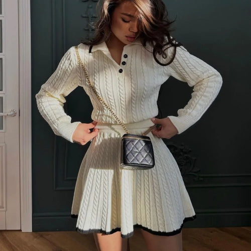 Autumn Women Sweater Sets 2 Piece Skirt Suit Women's Patchwork Contrast Long Sleeve Lapel Pullovers A-line Mini Skirt Outfits