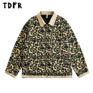 Camouflage Cargo Jacket Mens Autumn Pocket Retro Streetwear Spliced Lapel Long Sleeve Zipper Fly Outerwear Men