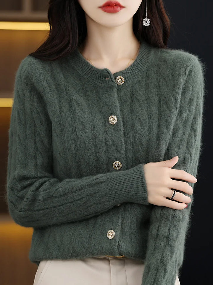 BELIARST Autumn Winter 100% Mink Cashmere Women's Clothes Round Neck Cardigan Knitted Solid Color Sweater Twisted Flower BR-050