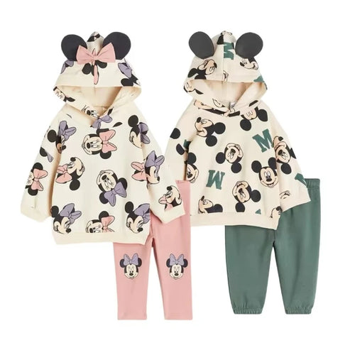 Minnie And Mickey Full Print Hooded Tops Solid Color Leggings Two-piece New Children Cartoon Sweatshirt+Pants Baby Clothes Set