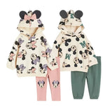 Minnie And Mickey Full Print Hooded Tops Solid Color Leggings Two-piece New Children Cartoon Sweatshirt+Pants Baby Clothes Set