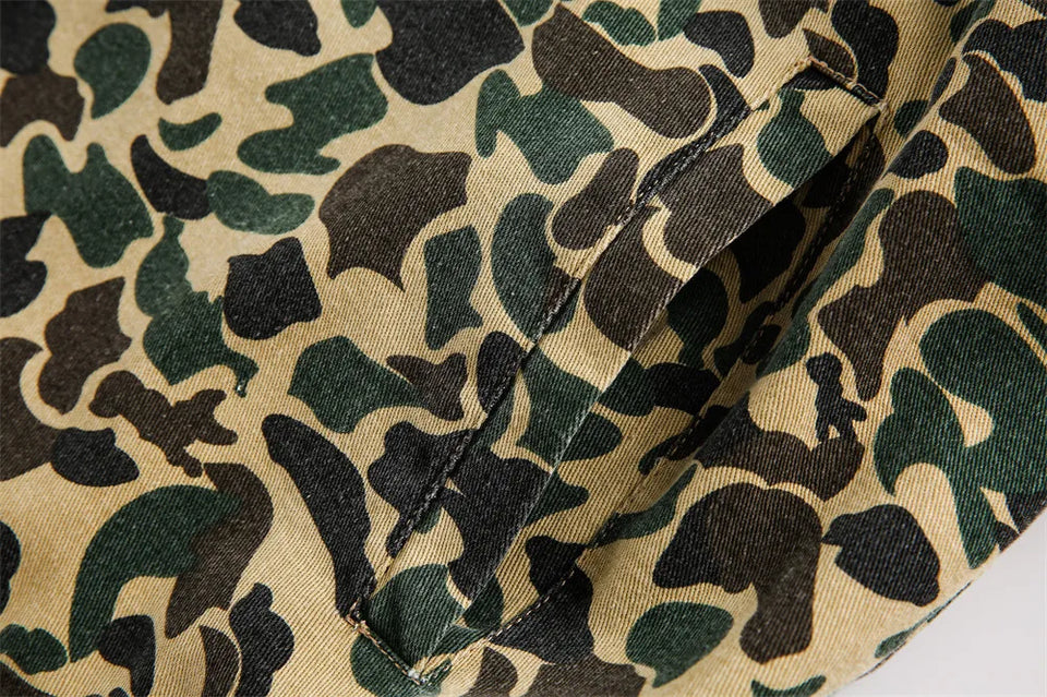 Camouflage Cargo Jacket Mens Autumn Pocket Retro Streetwear Spliced Lapel Long Sleeve Zipper Fly Outerwear Men