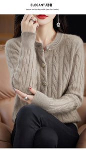 BELIARST Autumn Winter 100% Mink Cashmere Women's Clothes Round Neck Cardigan Knitted Solid Color Sweater Twisted Flower BR-050