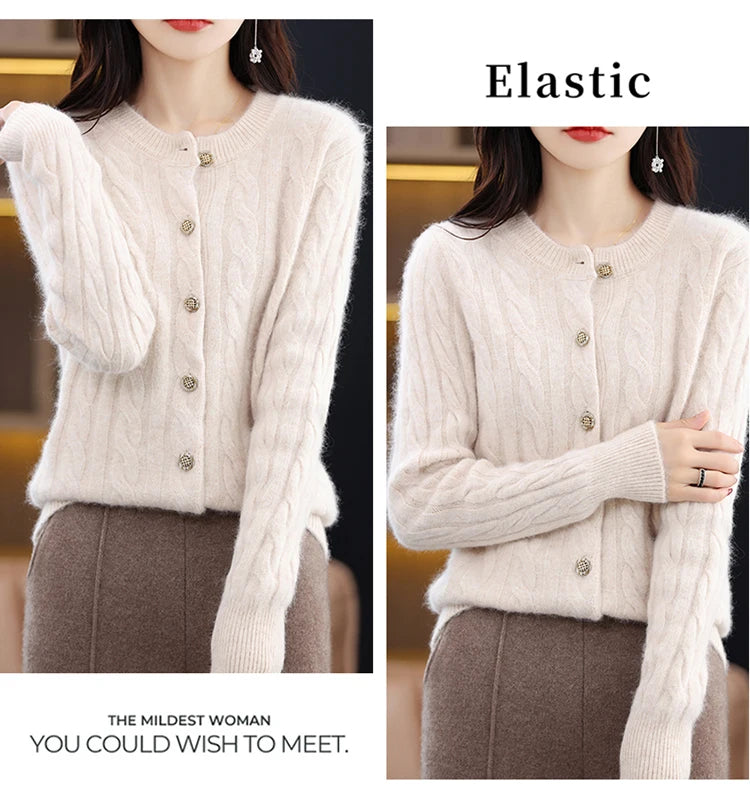 BELIARST Autumn Winter 100% Mink Cashmere Women's Clothes Round Neck Cardigan Knitted Solid Color Sweater Twisted Flower BR-050