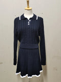 Autumn Women Sweater Sets 2 Piece Skirt Suit Women's Patchwork Contrast Long Sleeve Lapel Pullovers A-line Mini Skirt Outfits