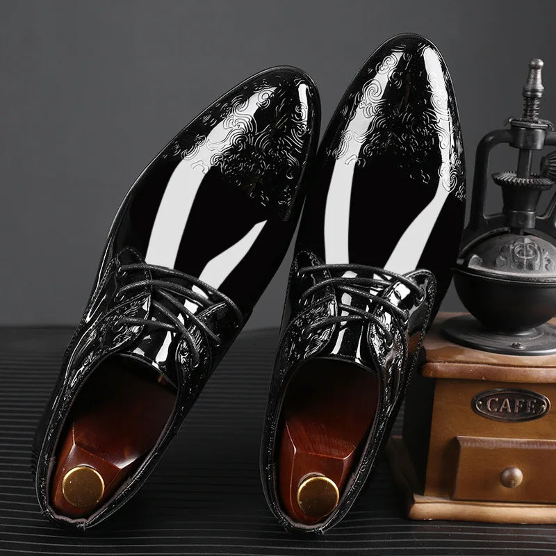 Shoes for Men Casual Business Dress Shoes Lace Up Formal Black Patent Leather Brogue Shoes for Male Wedding Party Office Oxfords