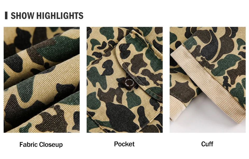Camouflage Cargo Jacket Mens Autumn Pocket Retro Streetwear Spliced Lapel Long Sleeve Zipper Fly Outerwear Men