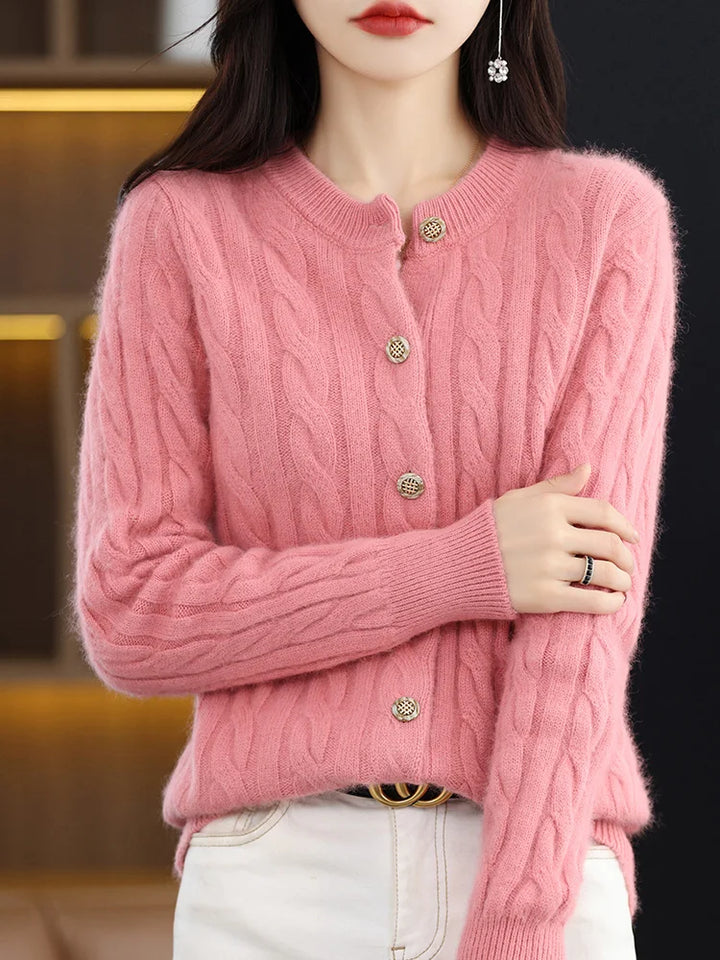 BELIARST Autumn Winter 100% Mink Cashmere Women's Clothes Round Neck Cardigan Knitted Solid Color Sweater Twisted Flower BR-050