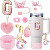 8pcs Cup Accessories for Stanley Cup 30oz 40oz Includes Butterfly Straw Cover Cap Silicone Boot  Handle Charm Initials Sticker